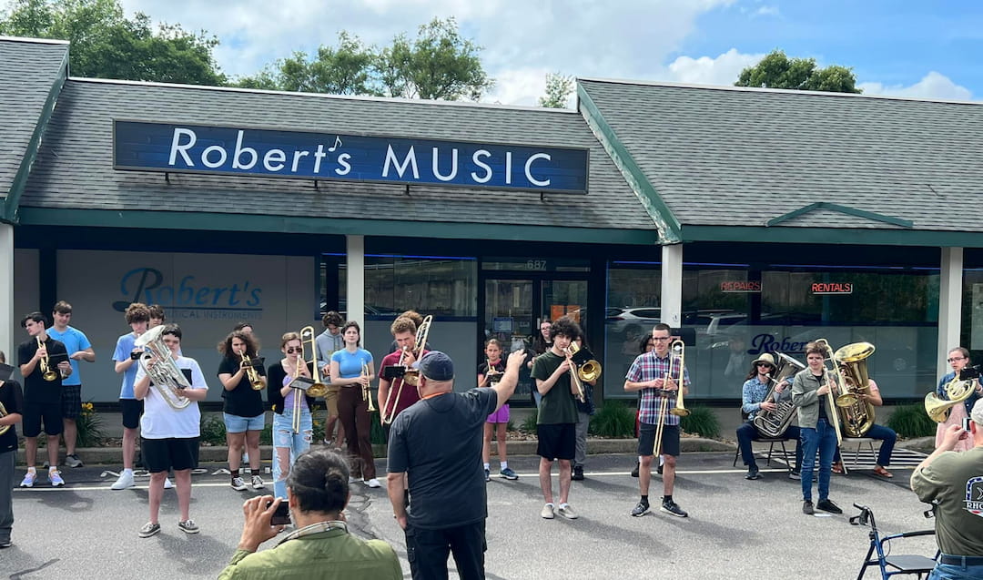 a group of people outside a building