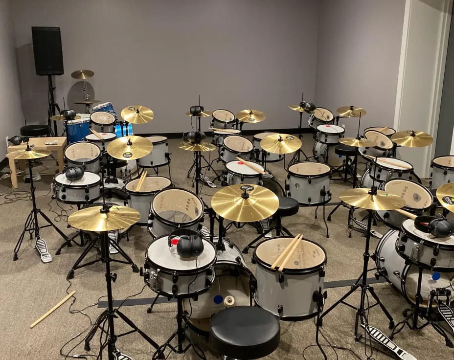 a drum set in a room