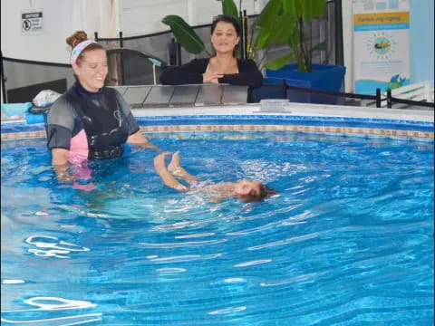a person and a dog in a pool