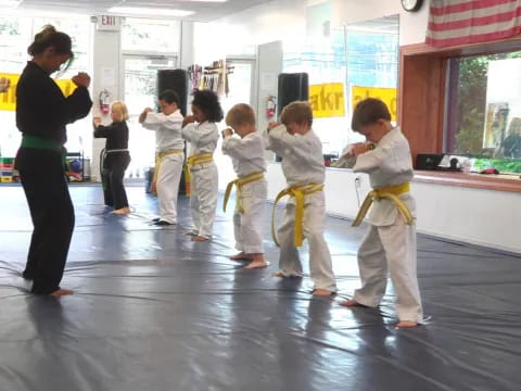 a group of kids in karate uniforms