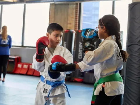 a person and a boy wearing boxing gloves