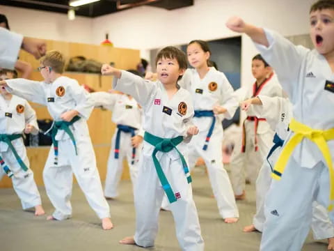 a group of children in karate uniforms