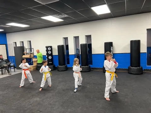 a group of people in karate uniforms