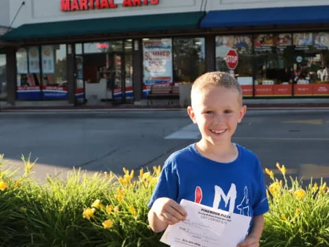 a boy holding a paper