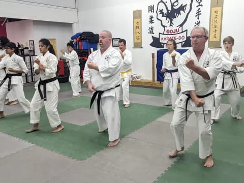 a group of people in karate uniforms