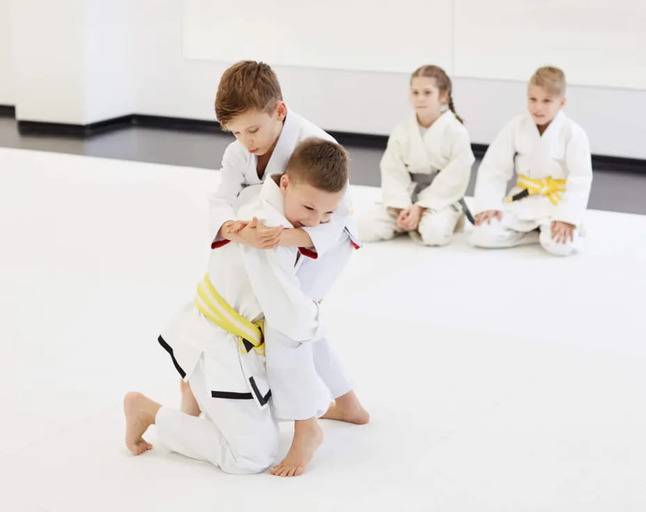 a group of kids in karate uniforms