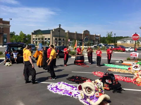 a group of people in a street