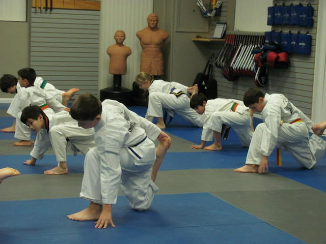 a group of people in karate uniforms