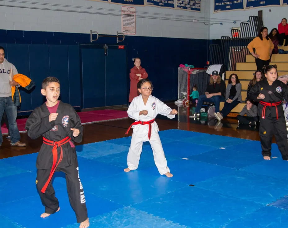 a group of kids in a karate class
