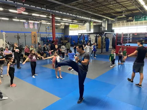 a group of people in a gym