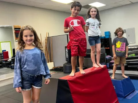 a group of people standing on a mat in a gym