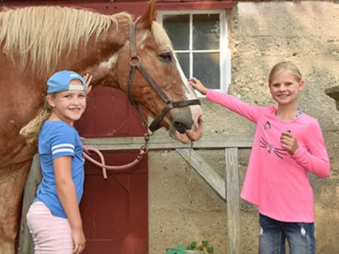 a couple of girls stand near a horse