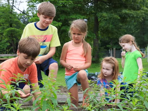 a group of children in a garden