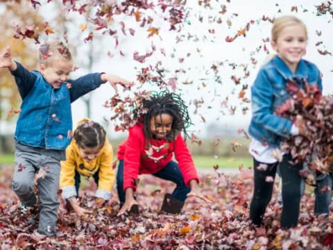 a group of children playing in the leaves