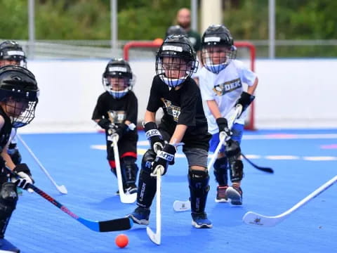 a group of people playing hockey