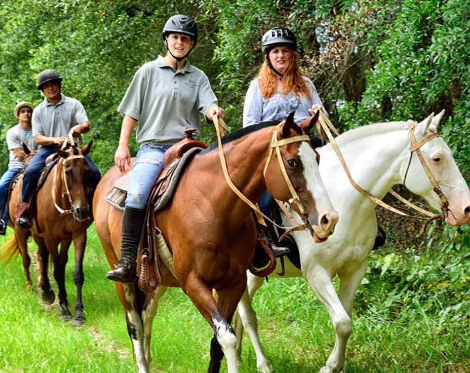 a group of people riding horses