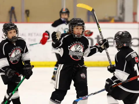 a group of people playing hockey