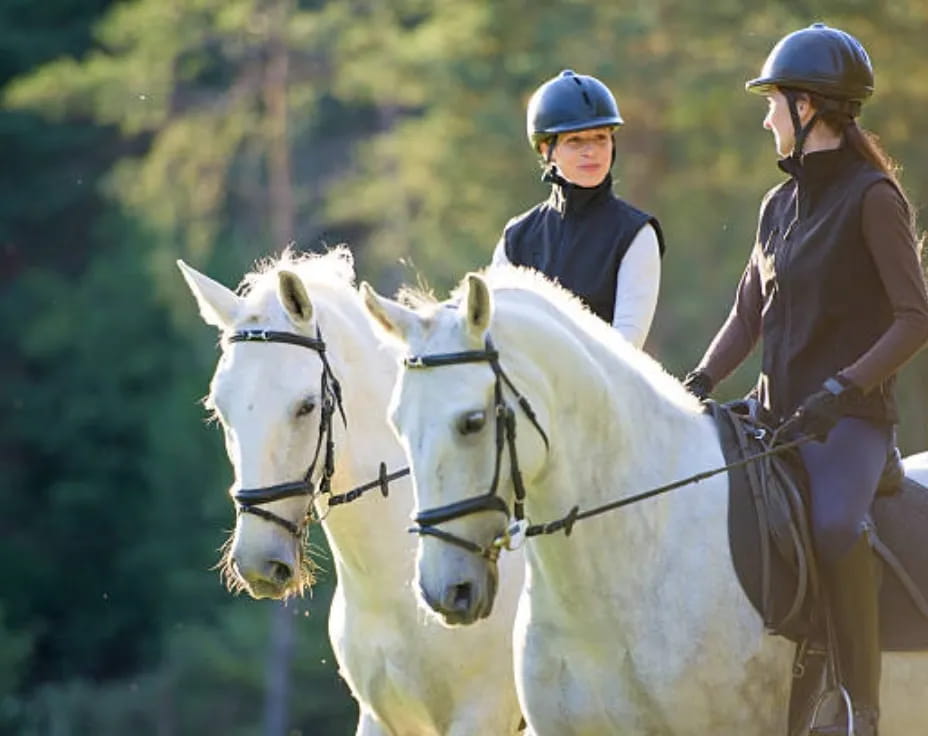 a couple of people ride horses