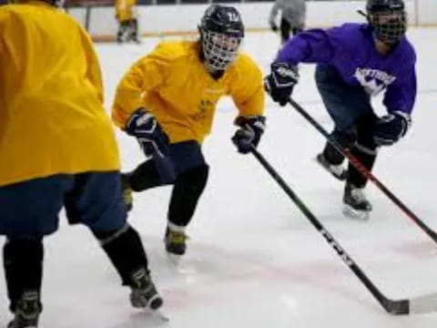 a group of people playing hockey