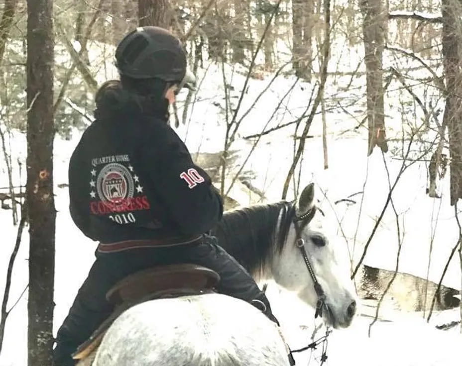 a man riding a horse in the snow