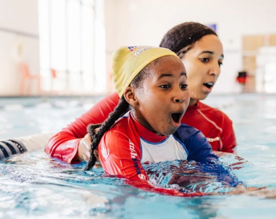 a couple of boys in a pool