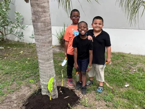 a group of boys standing next to a tree
