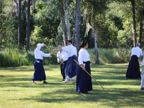 a group of people dancing in a park