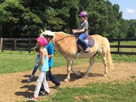 a group of children riding a horse