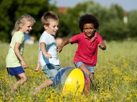 a group of children playing with a ball in a grassy field