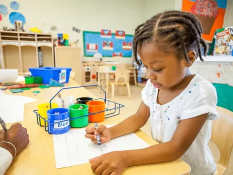 a young girl writing on a paper