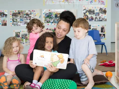 a person reading a book to a group of children