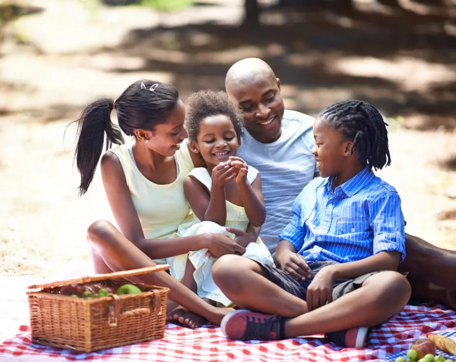 a family sitting on a blanket