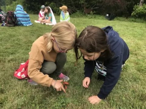 a couple of girls playing with a toy on grass