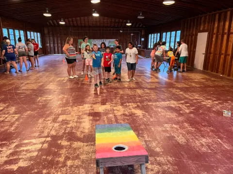 a group of people standing in a room