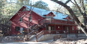 a red house with a staircase