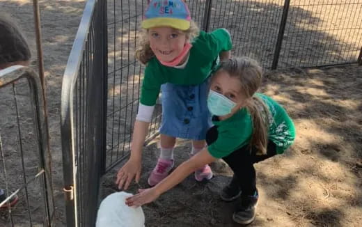 a couple of children playing in a cage