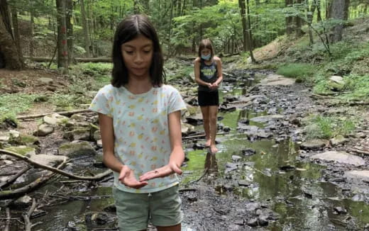 a girl holding a leaf in a creek