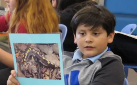 a boy holding a book