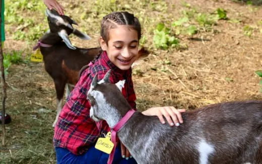 a boy holding a goat