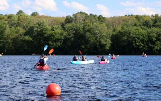 a group of people in kayaks on a lake
