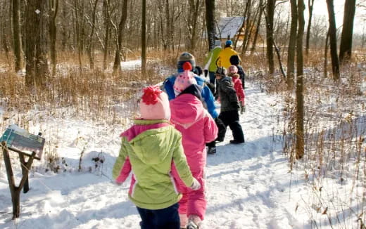 a group of people walking in the snow