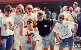 a group of people running