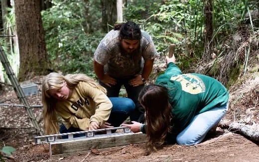 a group of people looking at a laptop in the woods