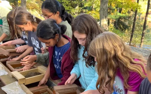 a group of young girls looking at a piece of wood