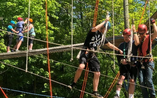 a group of people on a rope bridge