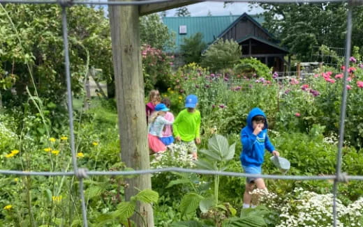 a group of children in a garden