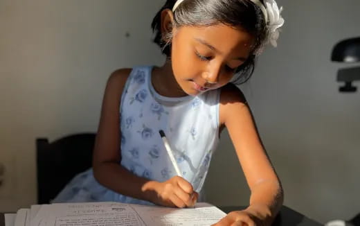 a young girl writing on a piece of paper