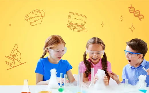 a group of children wearing safety goggles and sitting at a table