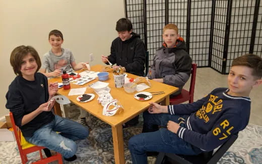 a group of people sitting around a table