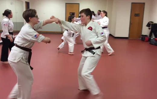 a group of people in karate uniforms